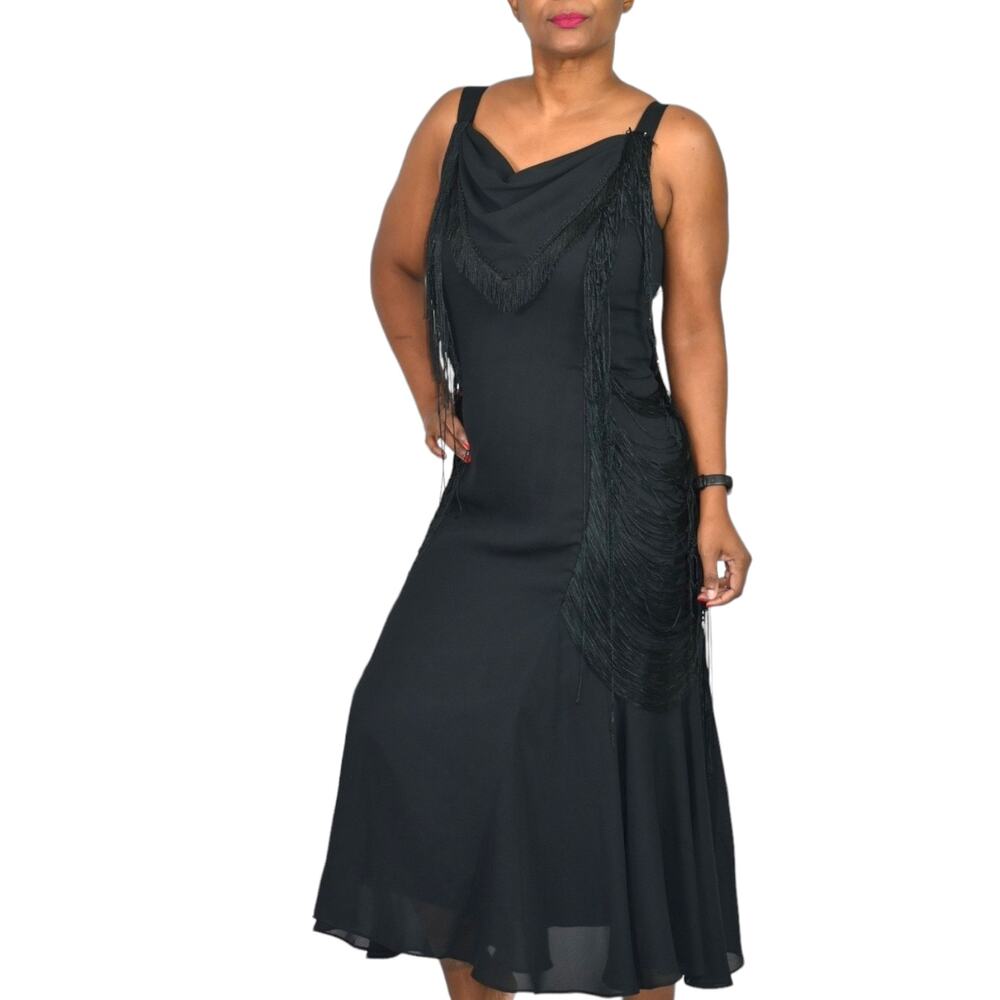 Vintage Lilli Diamond Cocktail Dress Black Fringe 1970s Chiffon Sleeveless Small